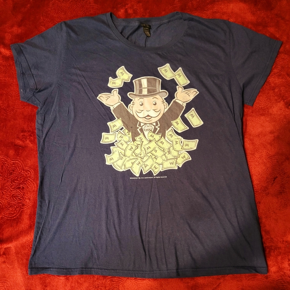 GIRLS ANVIL Lightweight Monopoly Swimming In Money T Shirt Blue Size XL